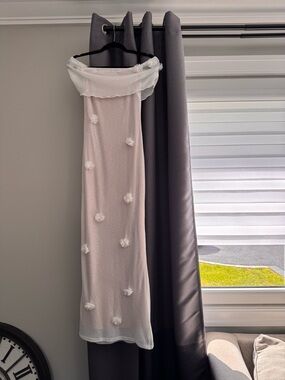 Off-Shoulder White Maxi Dress with Floral Appliqués